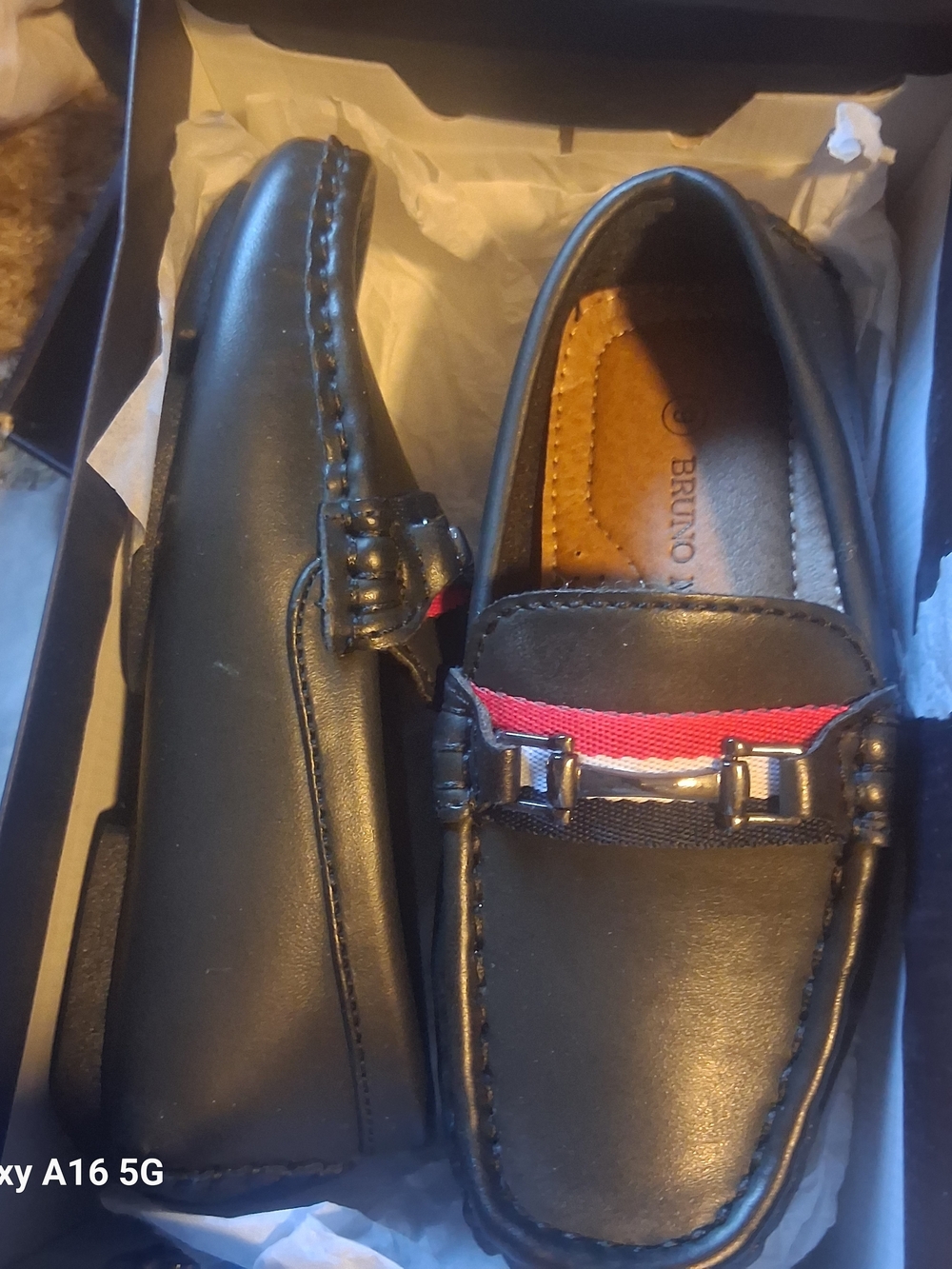 Kids Black Leather Slip-On Loafers with Red Accent